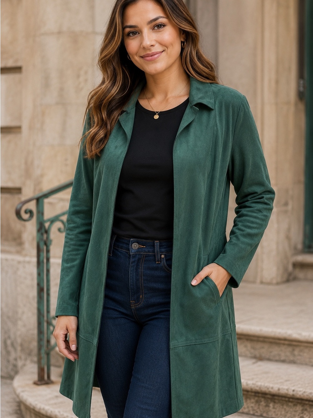 Philosophy Republic Clothing Green Faux Suede Open Front Duster Jacket, Size XL